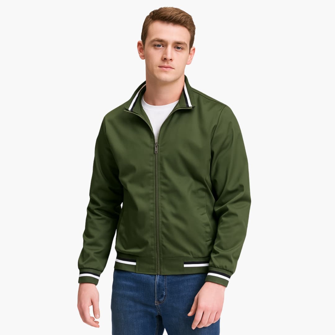 Men's casual bomber jacket with stand-up collar, full-zip front, and striped ribbed hem trim