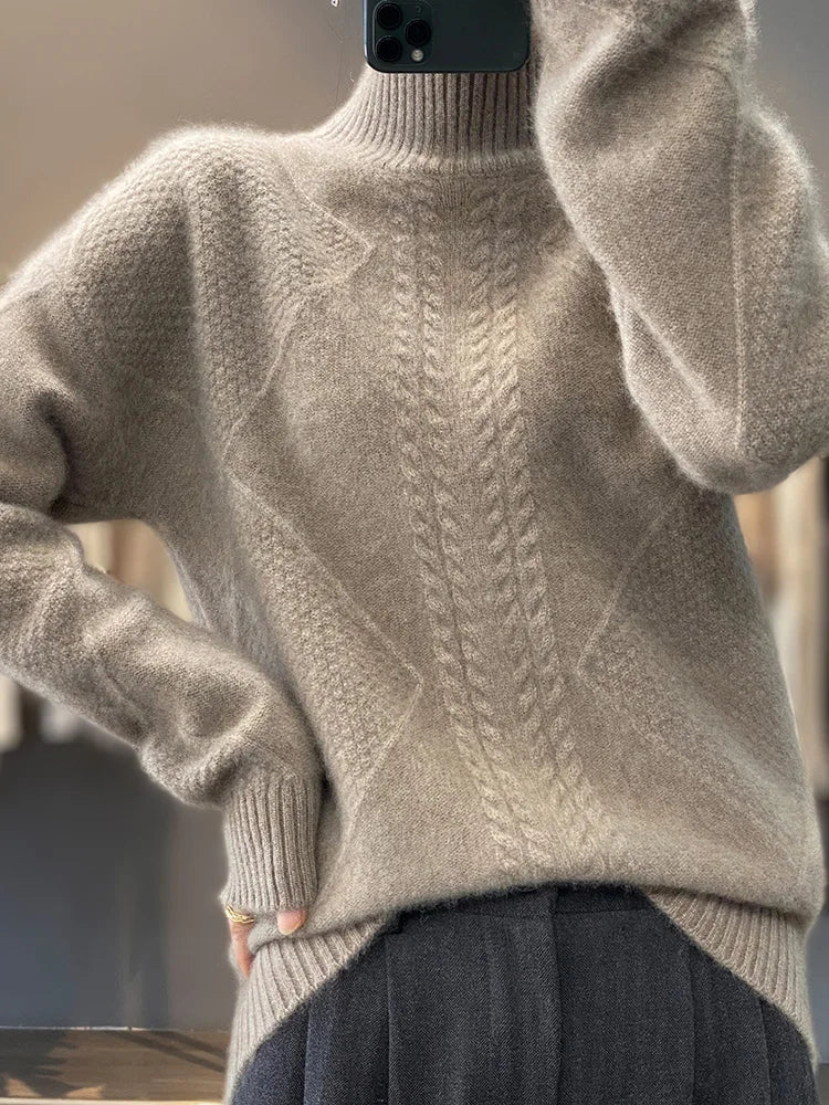 Women's ivory cashmere cable knit turtleneck sweater with cozy high neck for winter layering