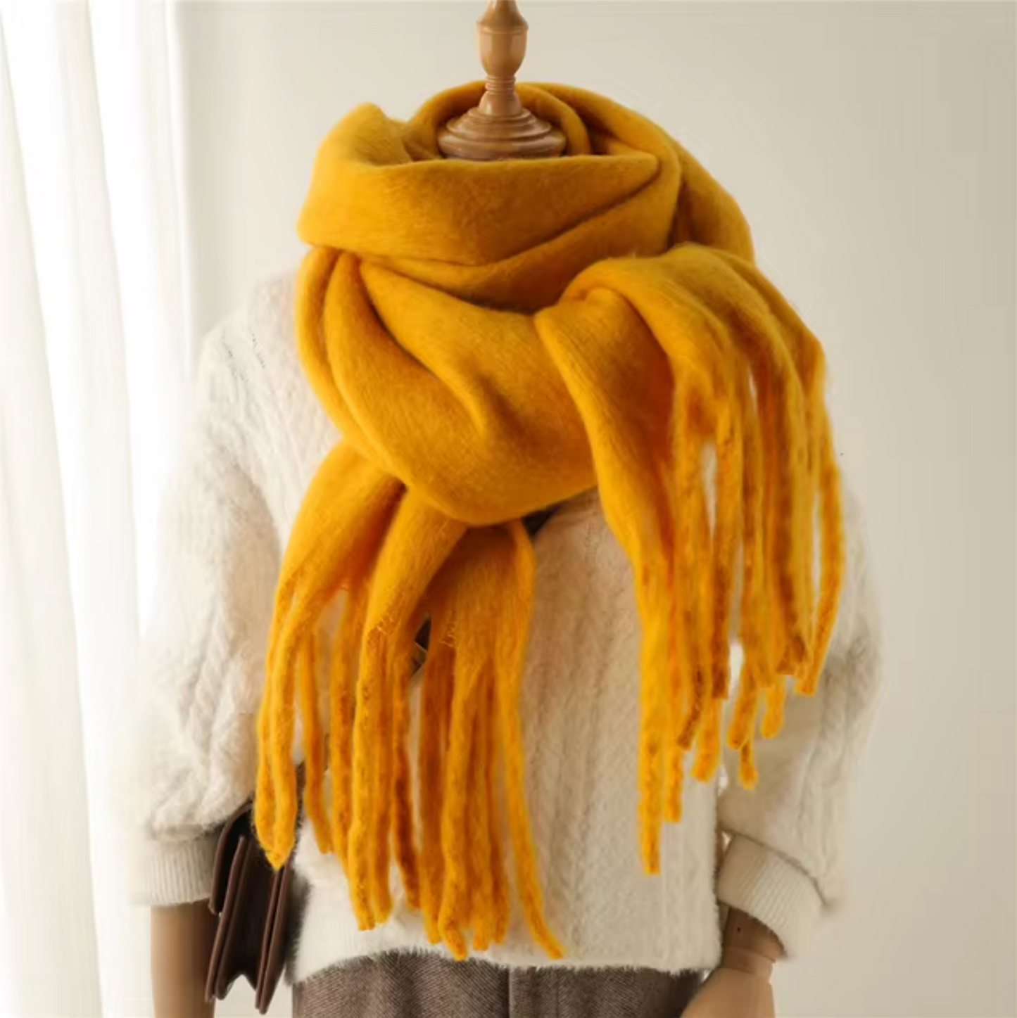 Women's cashmere-like pashmina winter scarf with long fringe, solid color, soft wrap style