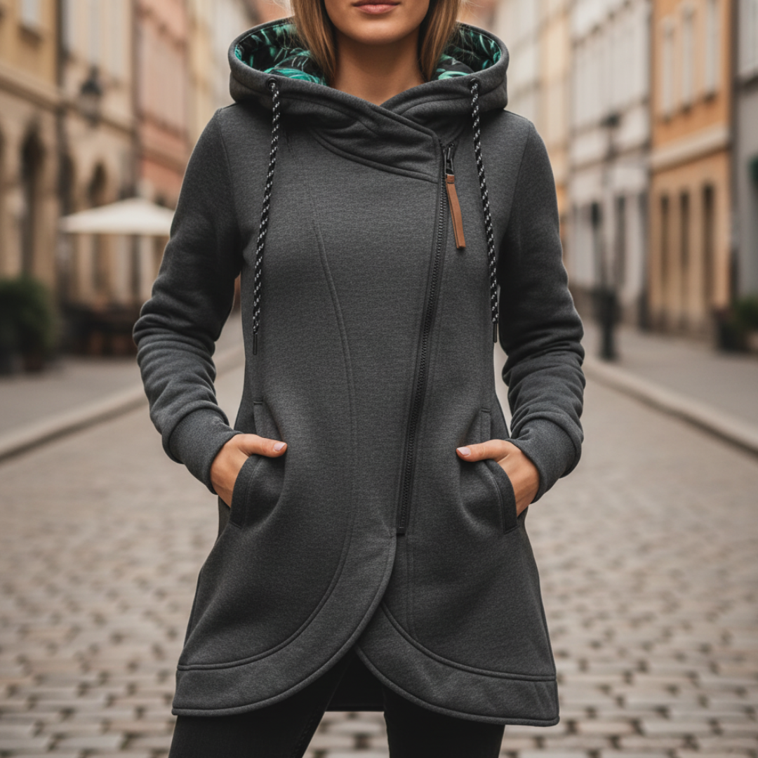 Women's long gray hoodie sweatshirt asymmetric zip high collar relaxed A-line casual fit