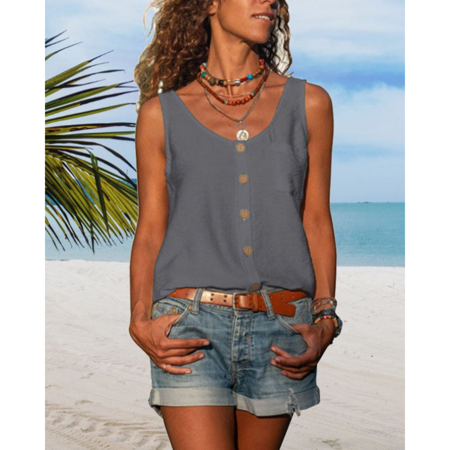 Women's sleeveless V-neck fluid top with pockets, light relaxed summer cut for everyday style