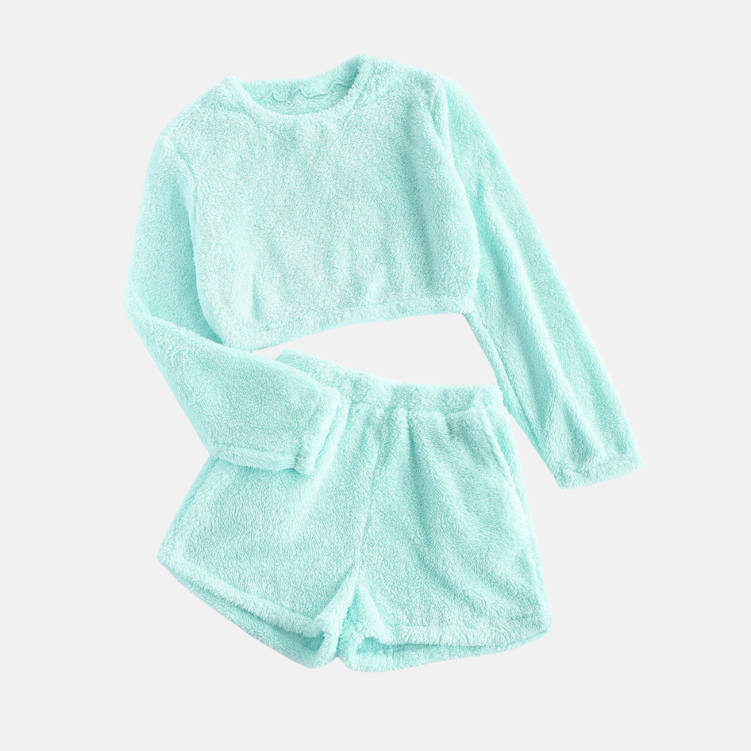 Women's textured plush two-piece loungewear set with cropped long sleeve top and high-waisted shorts