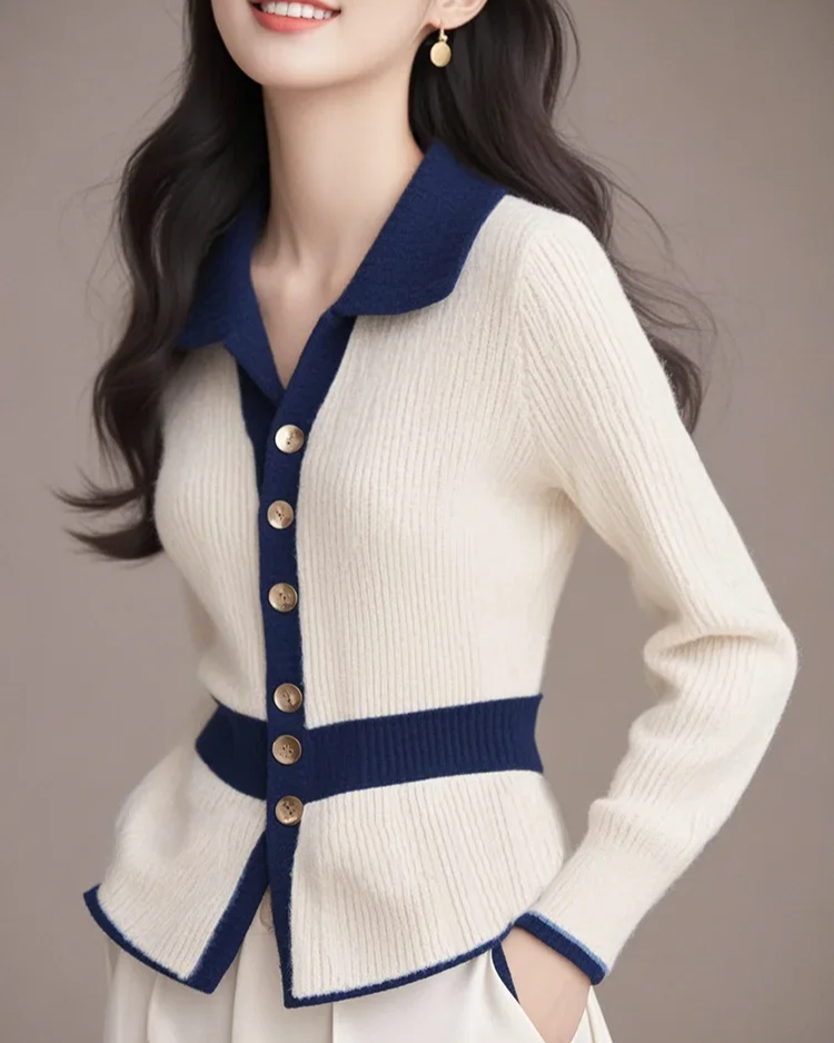 Women's structured contrast cardigan cotton-blend knit fitted silhouette gold tone buttons