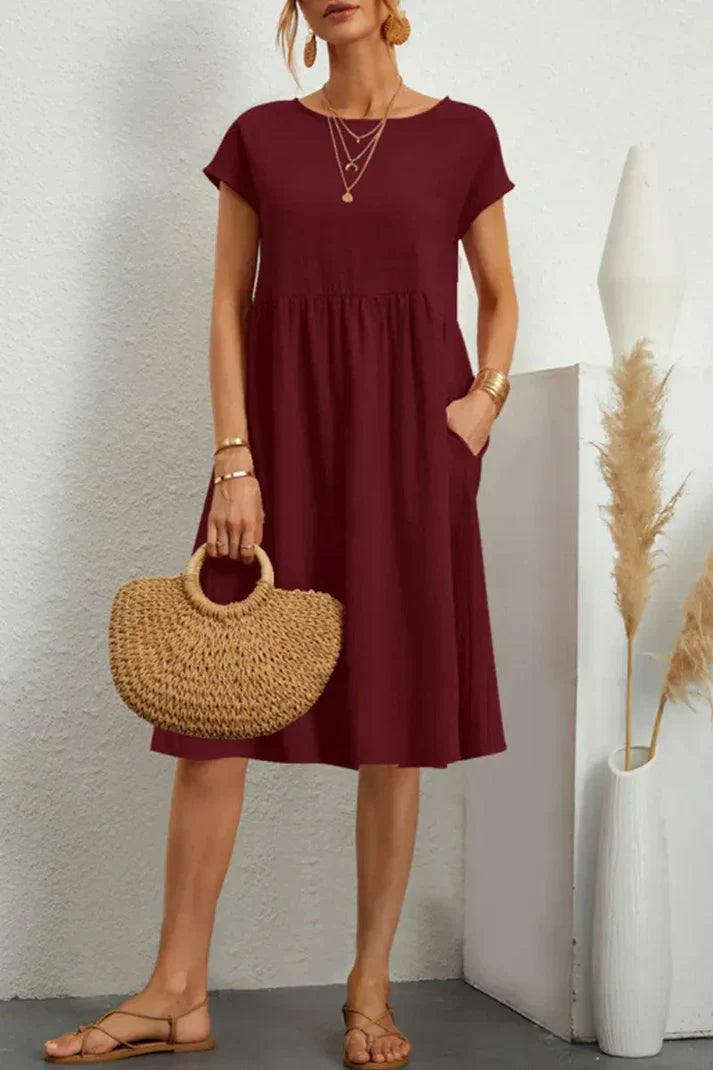 Melanie women's casual round neck short sleeve plain dress, comfortable everyday versatile fit