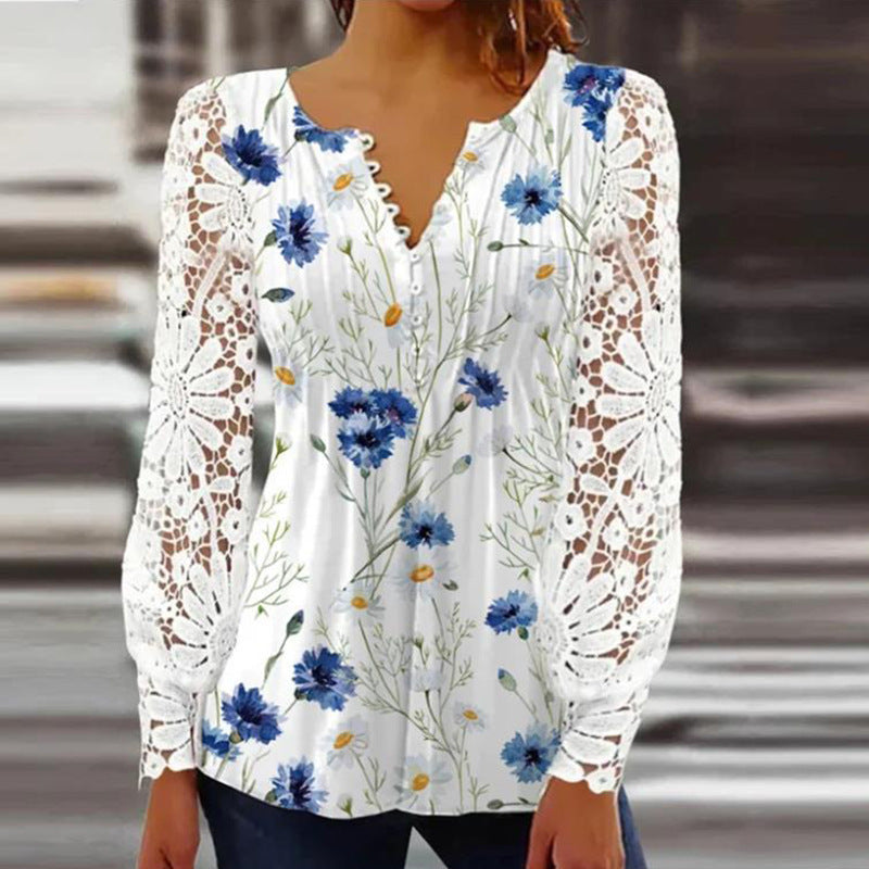 Women's solid color elegant T-shirt with delicate lace sleeves and pleated detailing for everyday wear