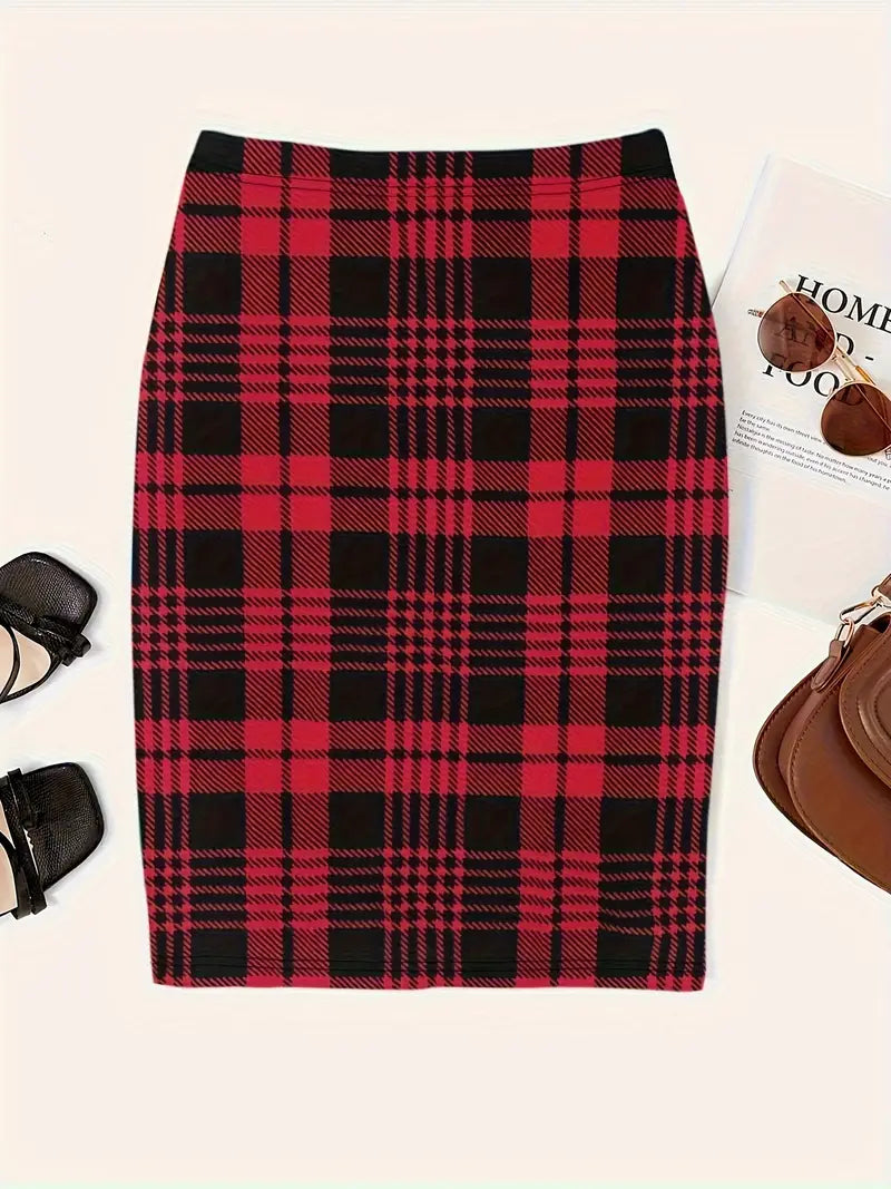 Women's slim plaid skirt in spring tones, sleek silhouette with timeless plaid pattern for day-to-night styling