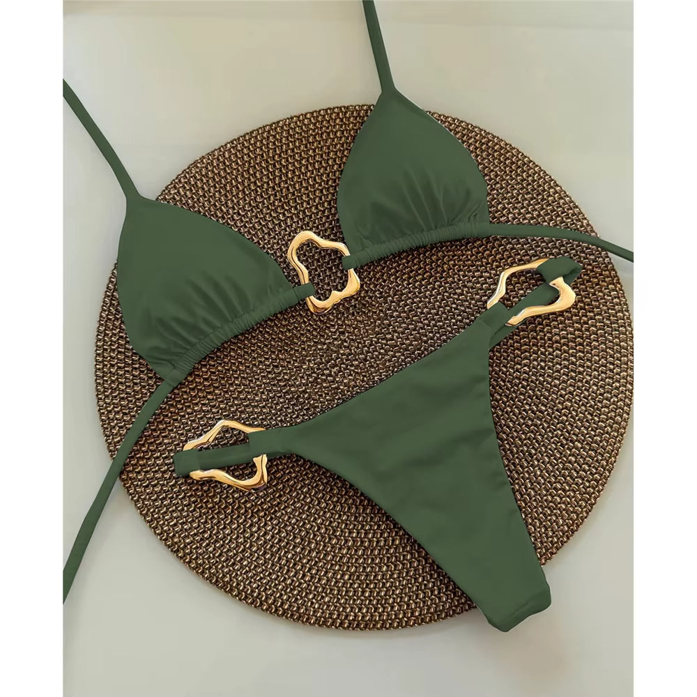 Women's gold ring triangle bikini set body-contouring high-cut bottoms adjustable ties luxe accent