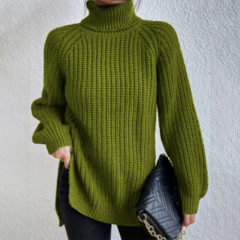 Chunky knit turtleneck sweater in neutral tone, gender-neutral classic silhouette with high rolled collar