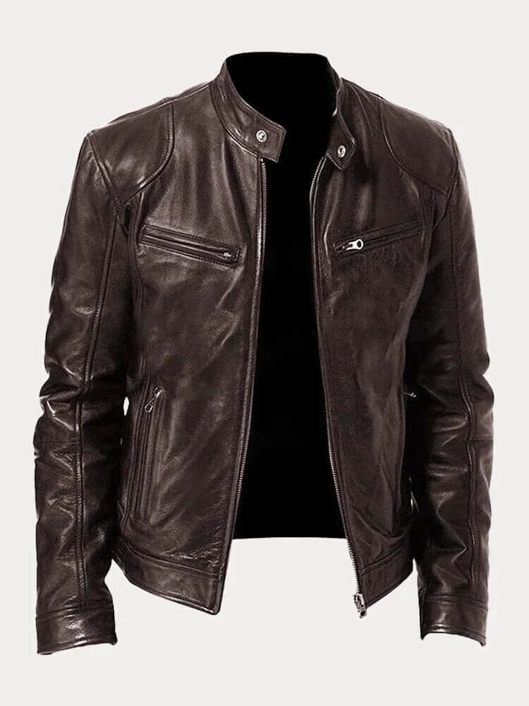 Men's black classic leather jacket with stand collar, snap button, front zip biker-style outerwear
