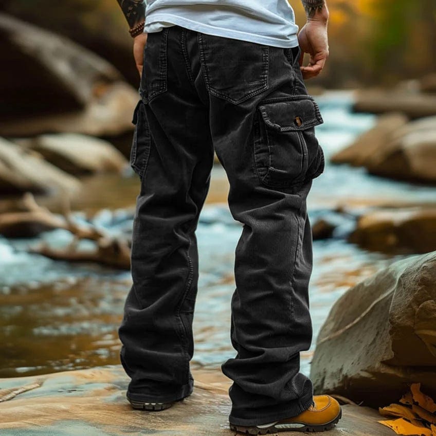 Men's retro elastic cargo pants relaxed fit with multiple pockets for casual everyday wear