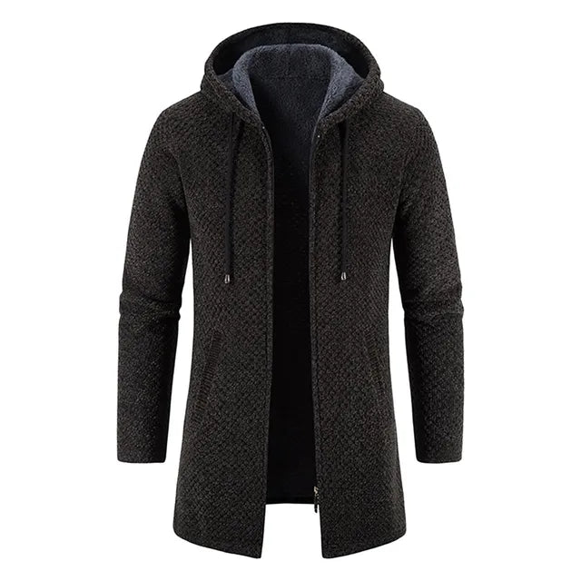 Men's long hooded knit jacket loose fit urban casual style warm soft texture city wear