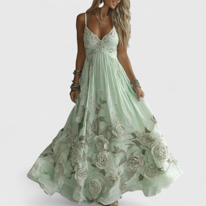 Floral embellished maxi gown elegant evening dress romantic flowing silhouette delicate details