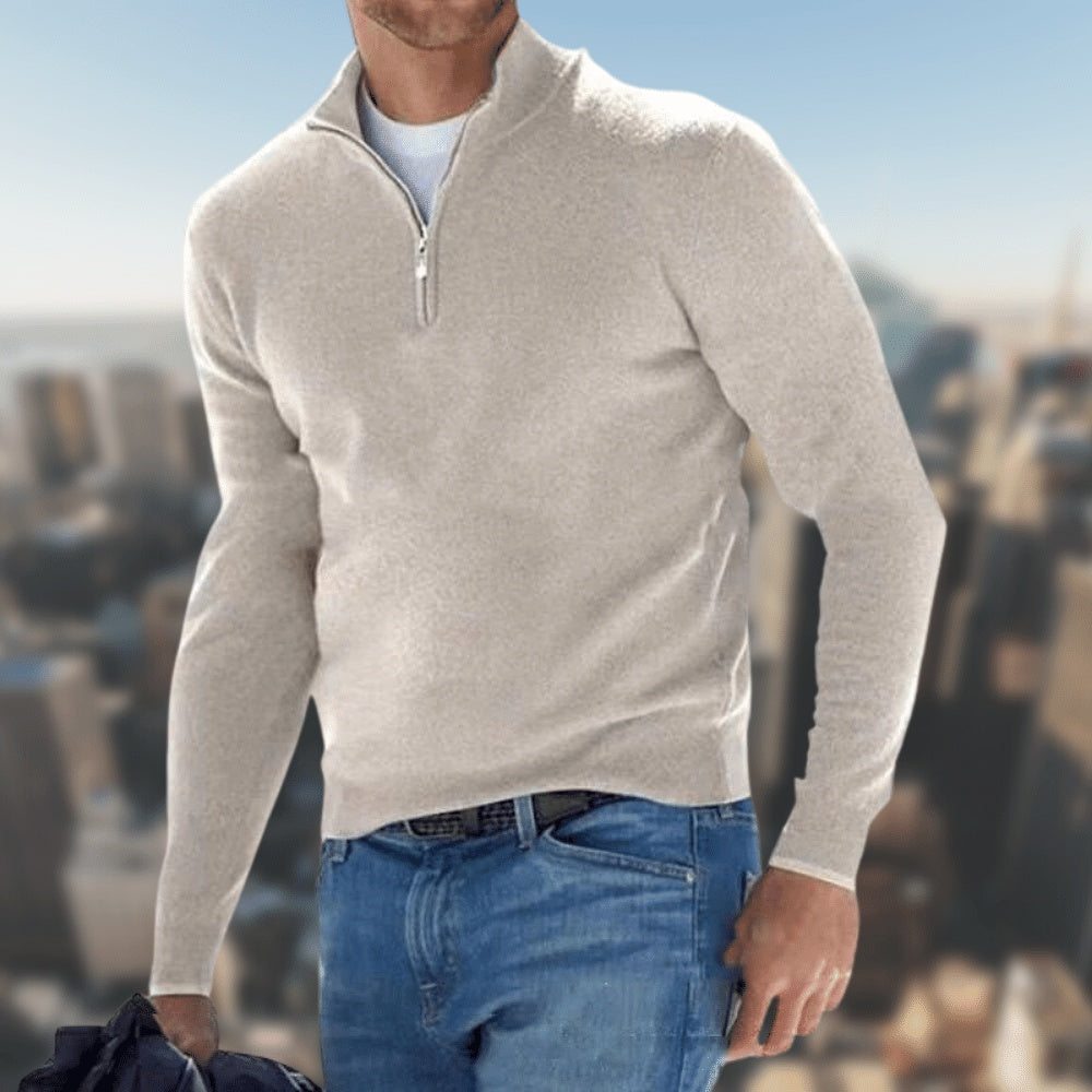 Soft half-zip knit sweater in neutral tone, casual smart versatile everyday layering with modern neckline