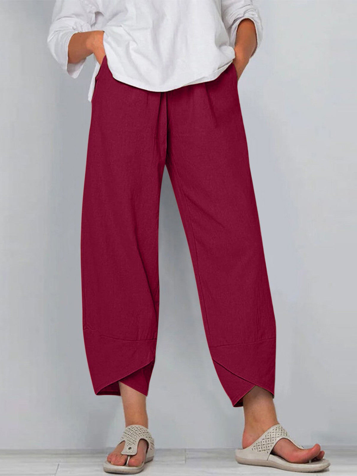 Women's ankle pants natural cotton-linen blend relaxed fit elastic waist with angled pockets