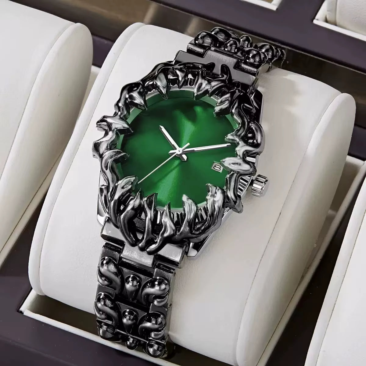 Men's stainless steel watch sculpted flame bezel gradient sunburst dial luminous hands date display