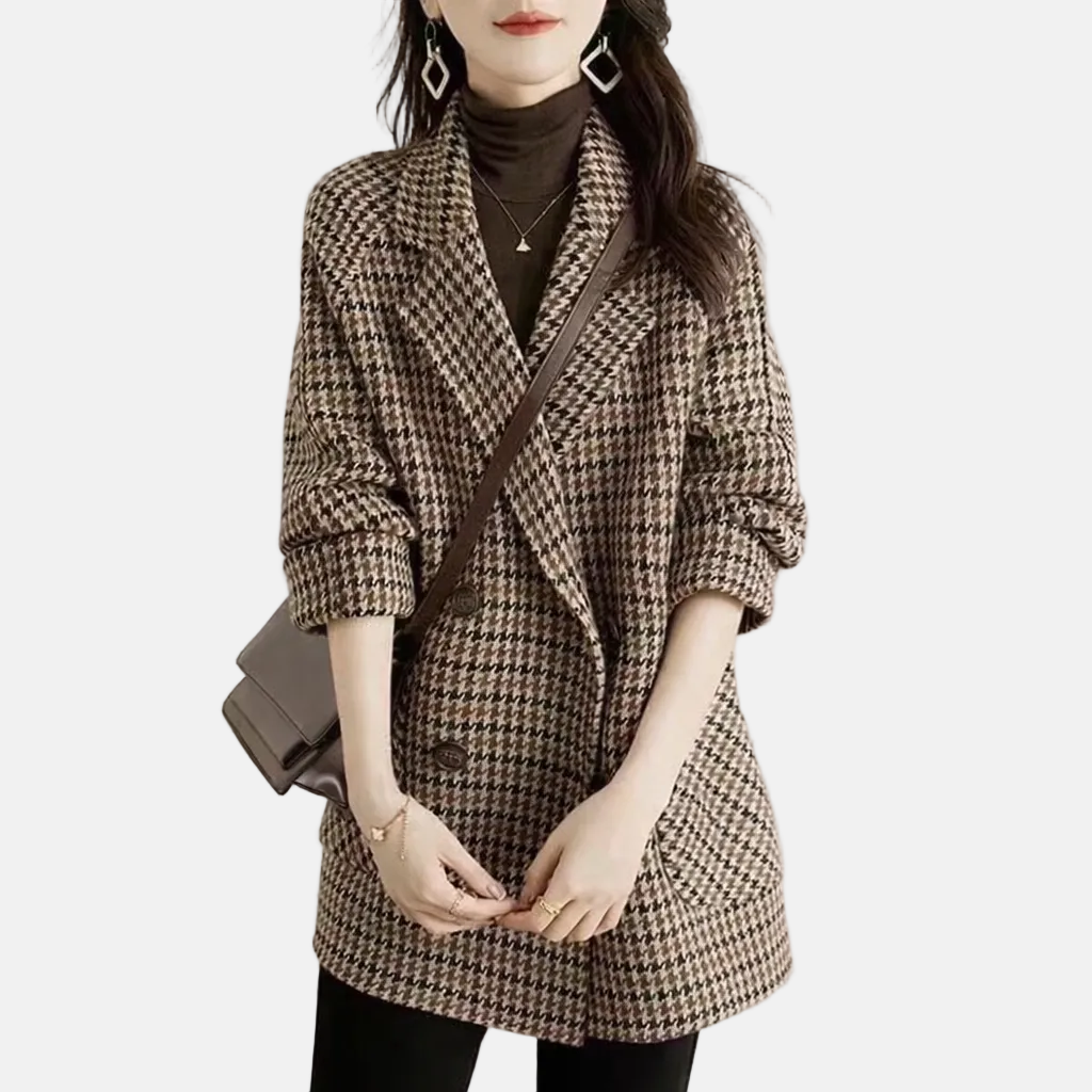 Women's Double-Breasted Check Coat – Relaxed Fit – Notched Lapel – Mid-Length