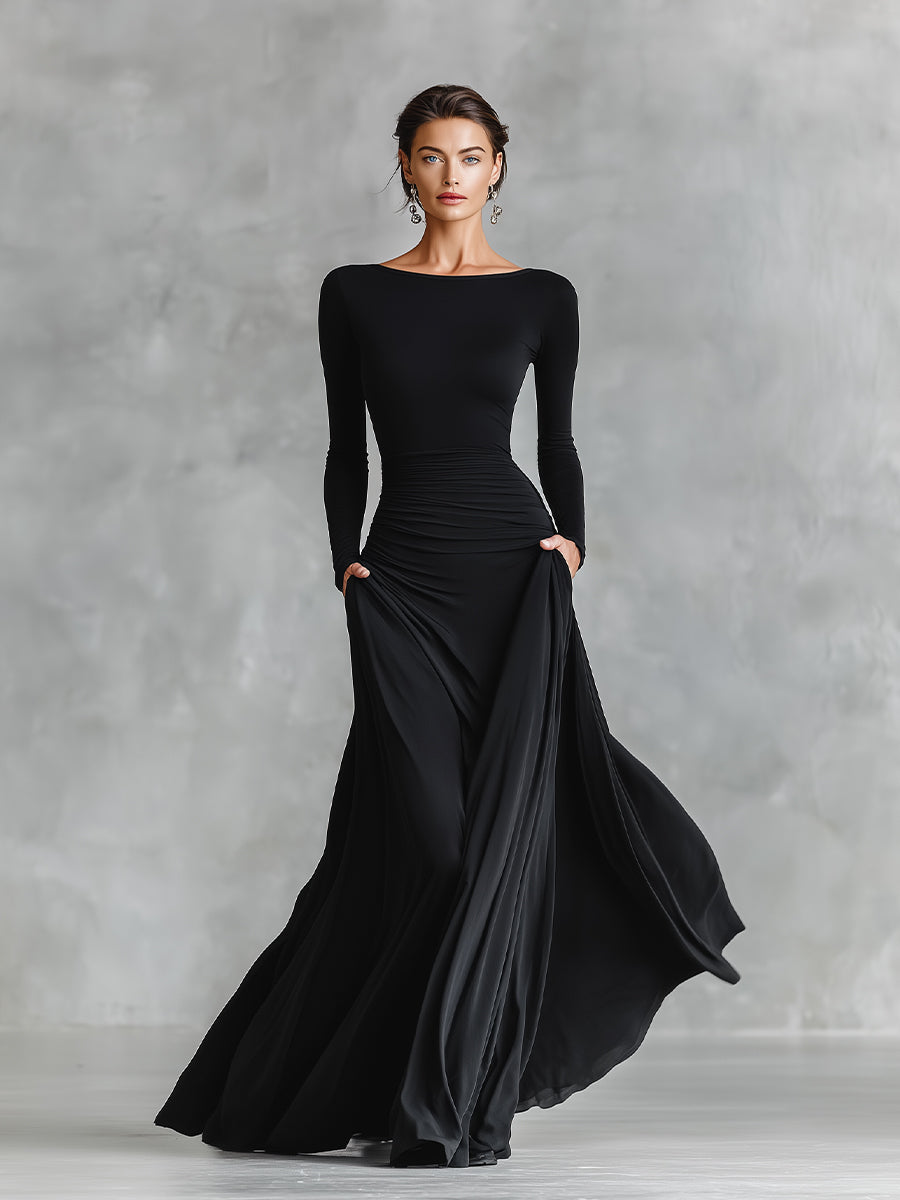 Black long-sleeve sculpted maxi gown elegant evening dress with fitted silhouette