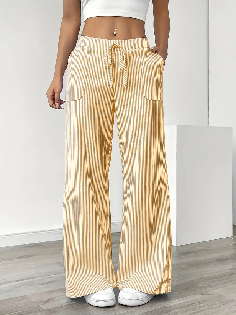 Striped wide-leg trousers elasticated drawstring waist fluid silhouette casual travel style