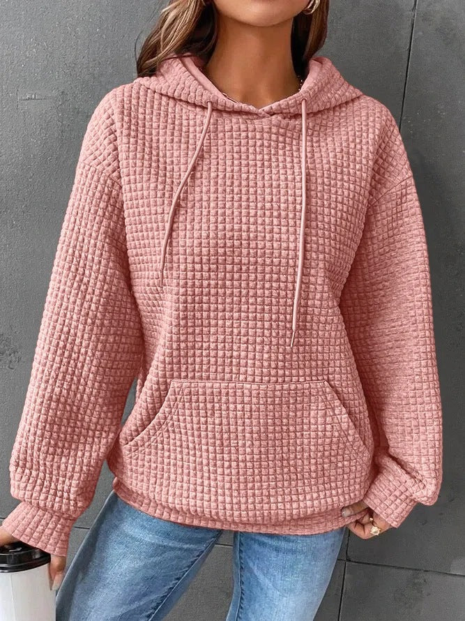 Women's sage green quilted hoodie relaxed fit with drawstring hood and kangaroo pocket ribbed trim