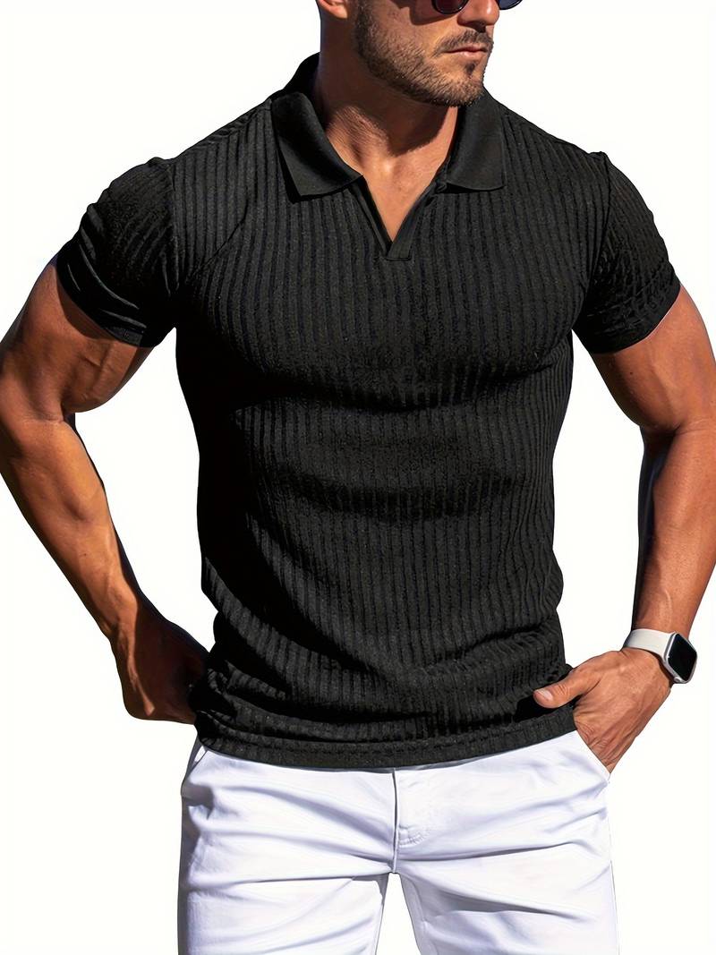 Men's slim fit ribbed knit polo shirt short sleeve, clean modern silhouette for versatile wear