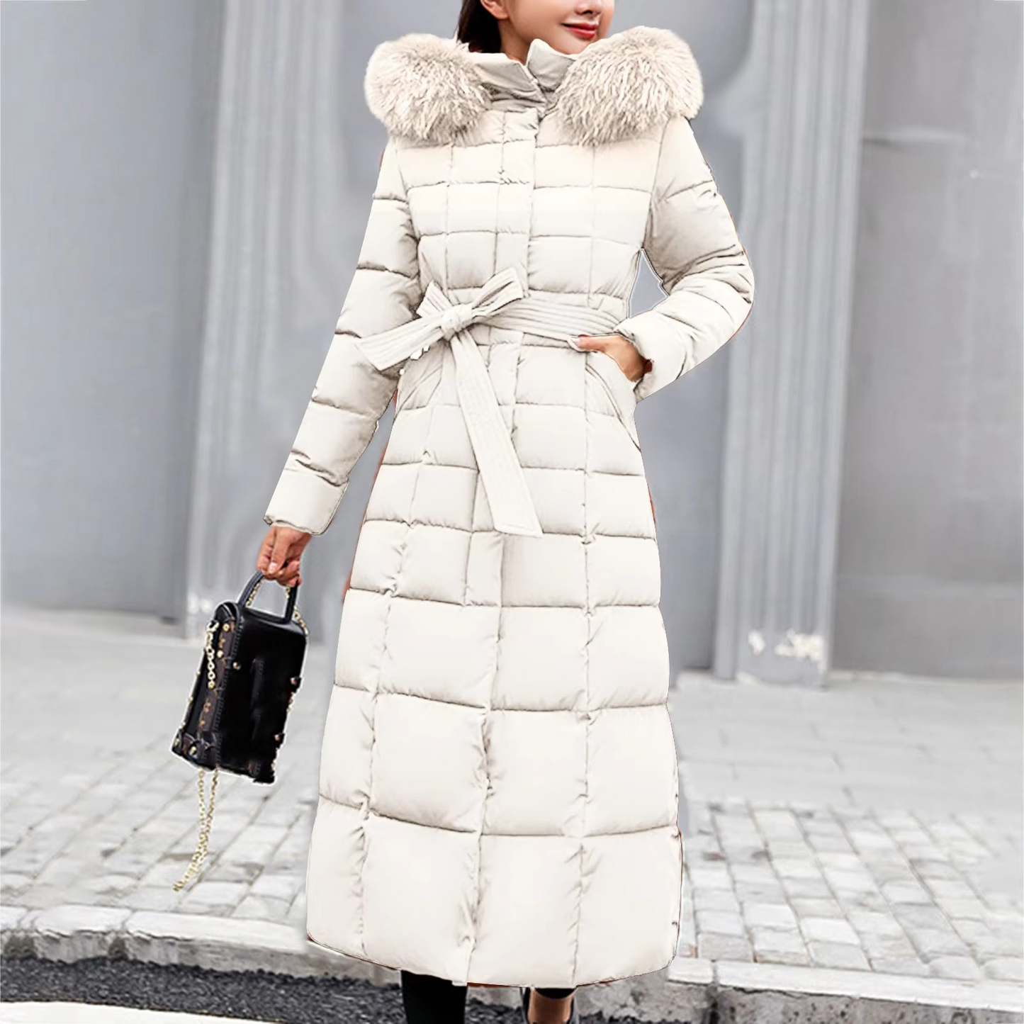 Women's long hooded down jacket elegant silhouette faux fur-lined hood lightweight winter warmth