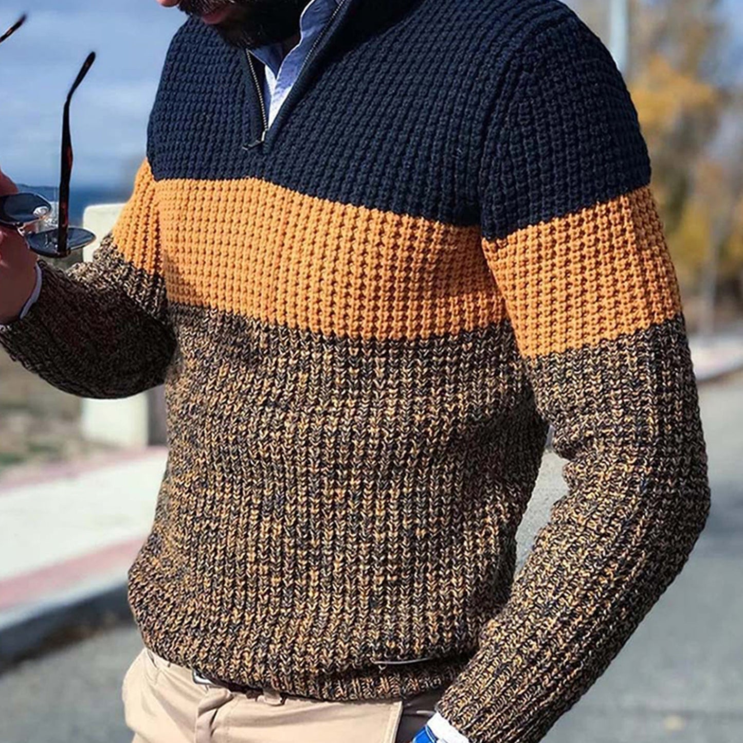 Men's colorblock half-zip sweater in waffle knit texture with three-tone gradient midweight pullover