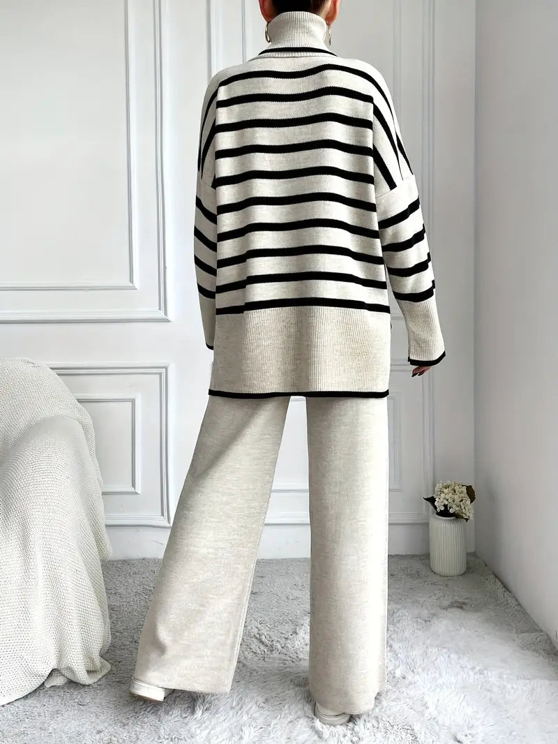 Women's striped knit suit set two-piece blazer and pants in neutral tones elegant office style