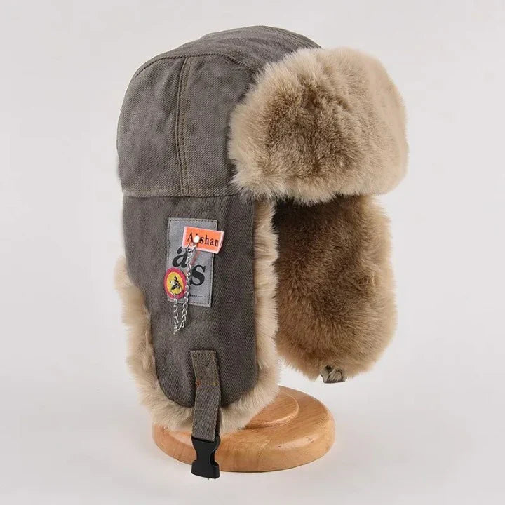 Men's black fleece trapper hat structured fit with faux fur trim ear flaps for winter outdoor wear