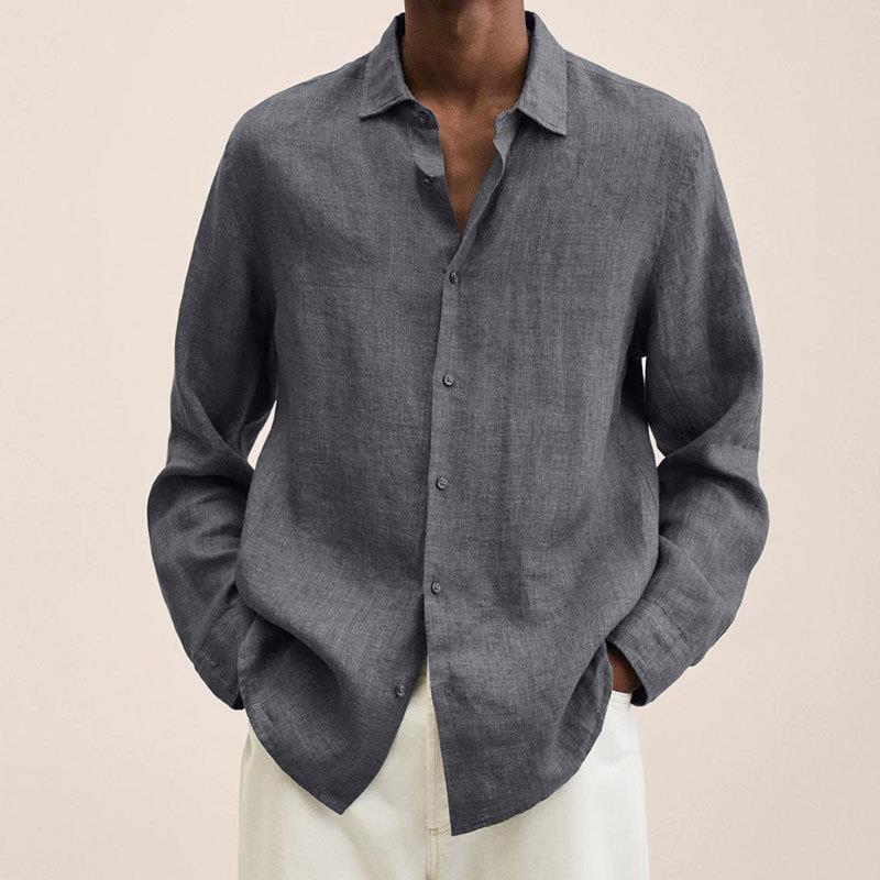 Men's navy linen shirt relaxed fit long-sleeve breathable natural fiber blend everyday essential