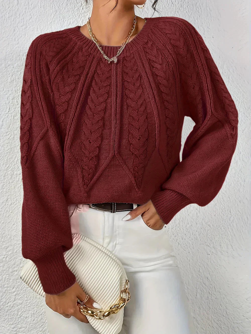 Women's cream cable knit crochet sweater relaxed fit with textured pattern detail