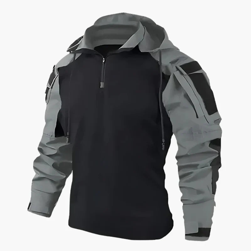 Men olive green military-style windproof outdoor jacket with adjustable hood for hiking and urban wear