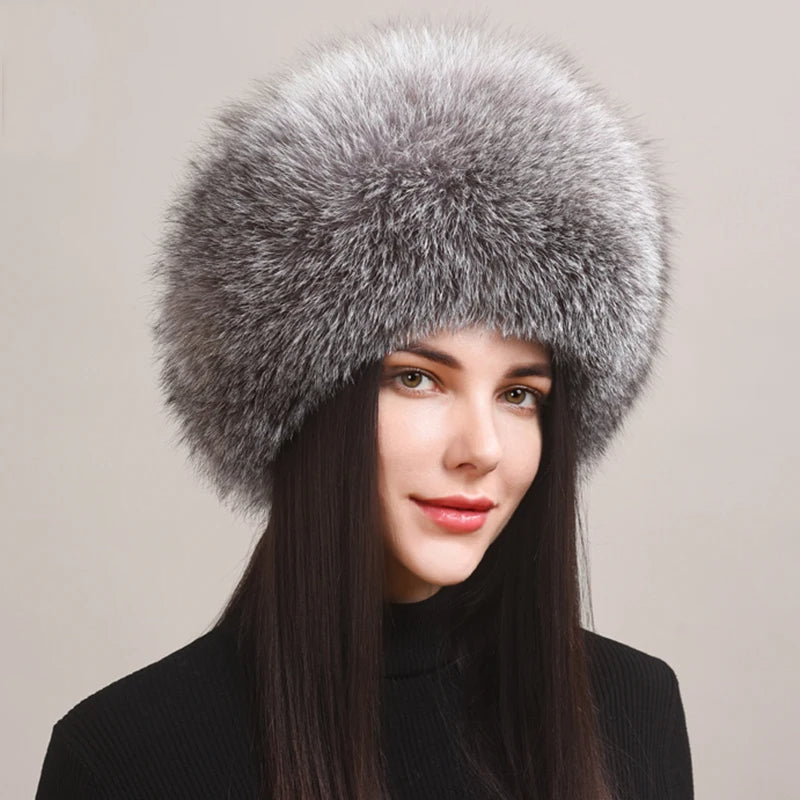 Genuine fox fur winter hat in natural tones, plush lightweight insulation with luxurious texture