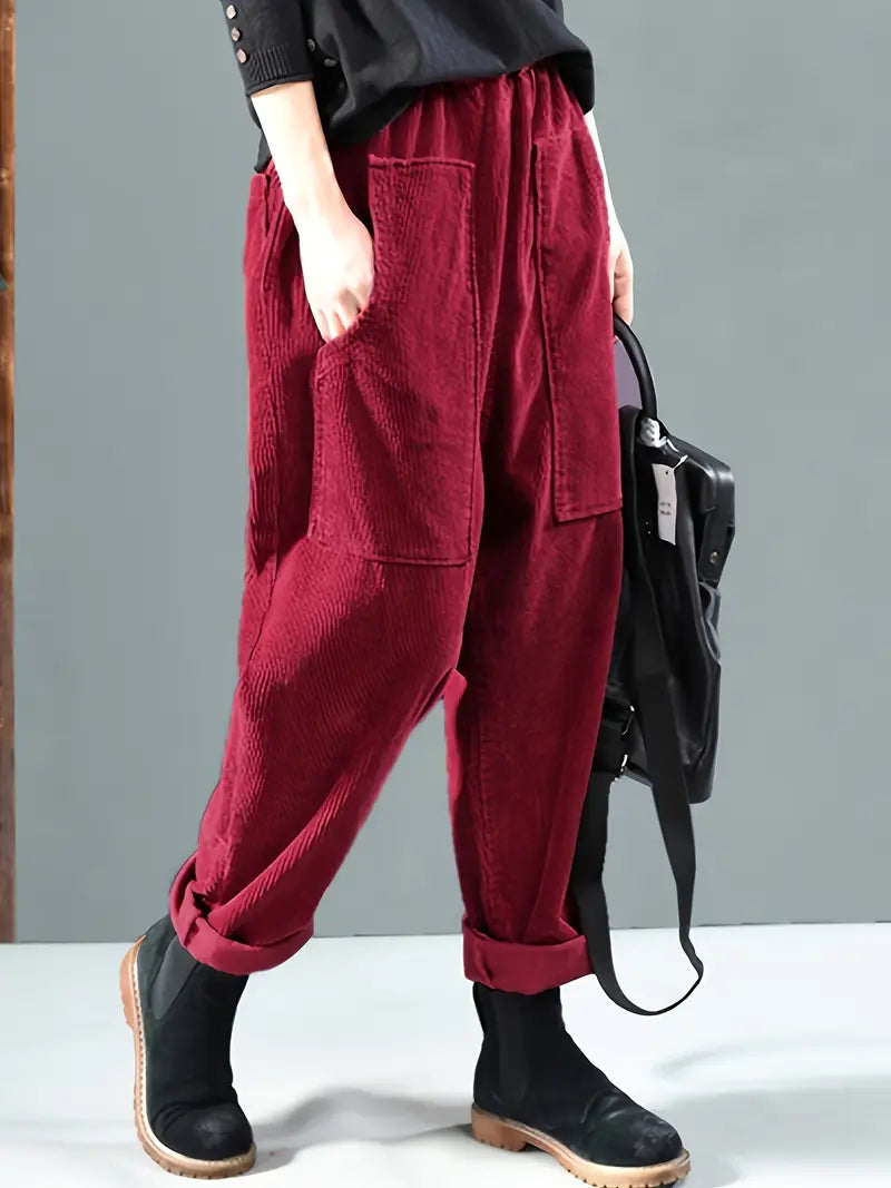 Women's corduroy trousers high-rise straight-leg winter style with textured ribbed finish