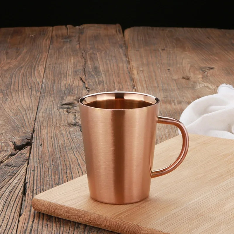 Stainless steel double-wall insulated mug 300ml metallic finish dishwasher safe hot cold beverages