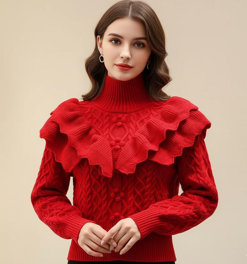 Women's cable knit high neck sweater with ruffled shoulders, chic and warm feminine style