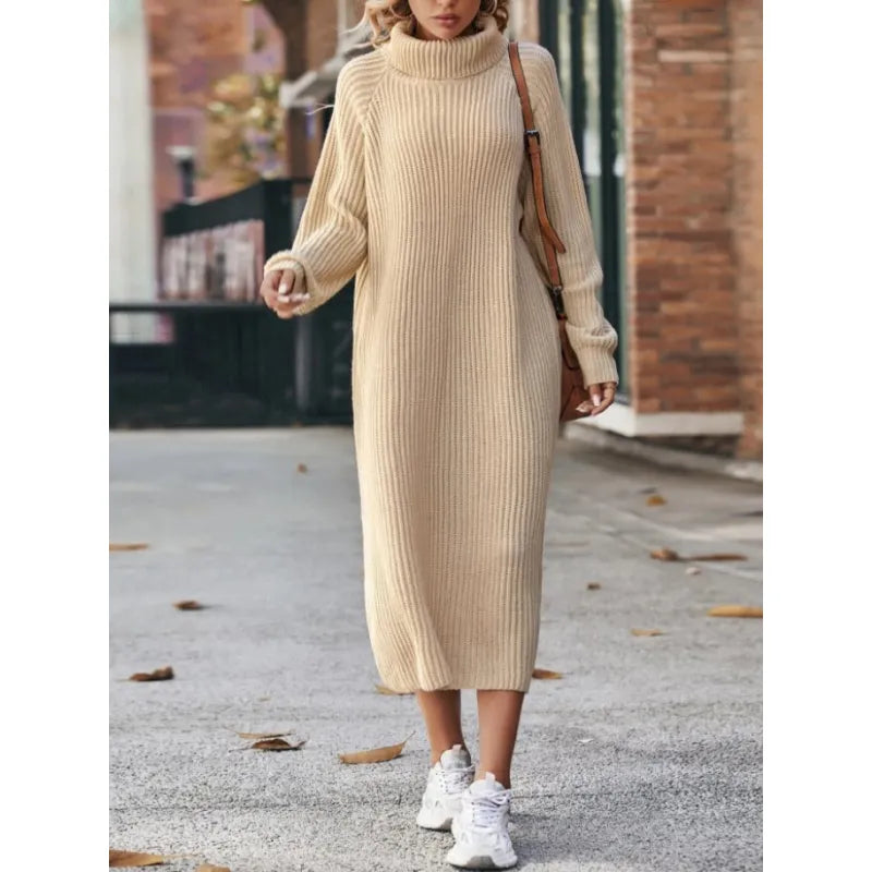 Women's relaxed knit dress in cozy warm blend, loose silhouette with soft elegant knitwear finish