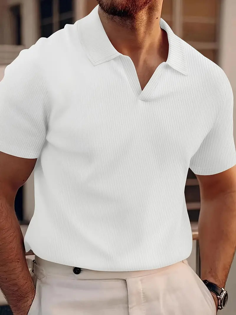Men's ribbed knit polo shirt V-neck short sleeve cotton blend textured everyday essential