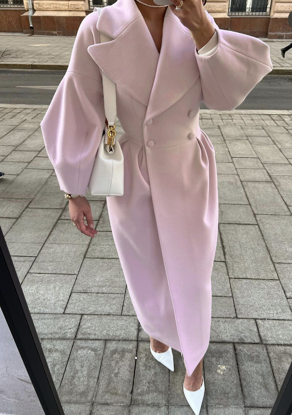 Women's vintage long coat with lantern sleeves, elegant retro classic silhouette in timeless style