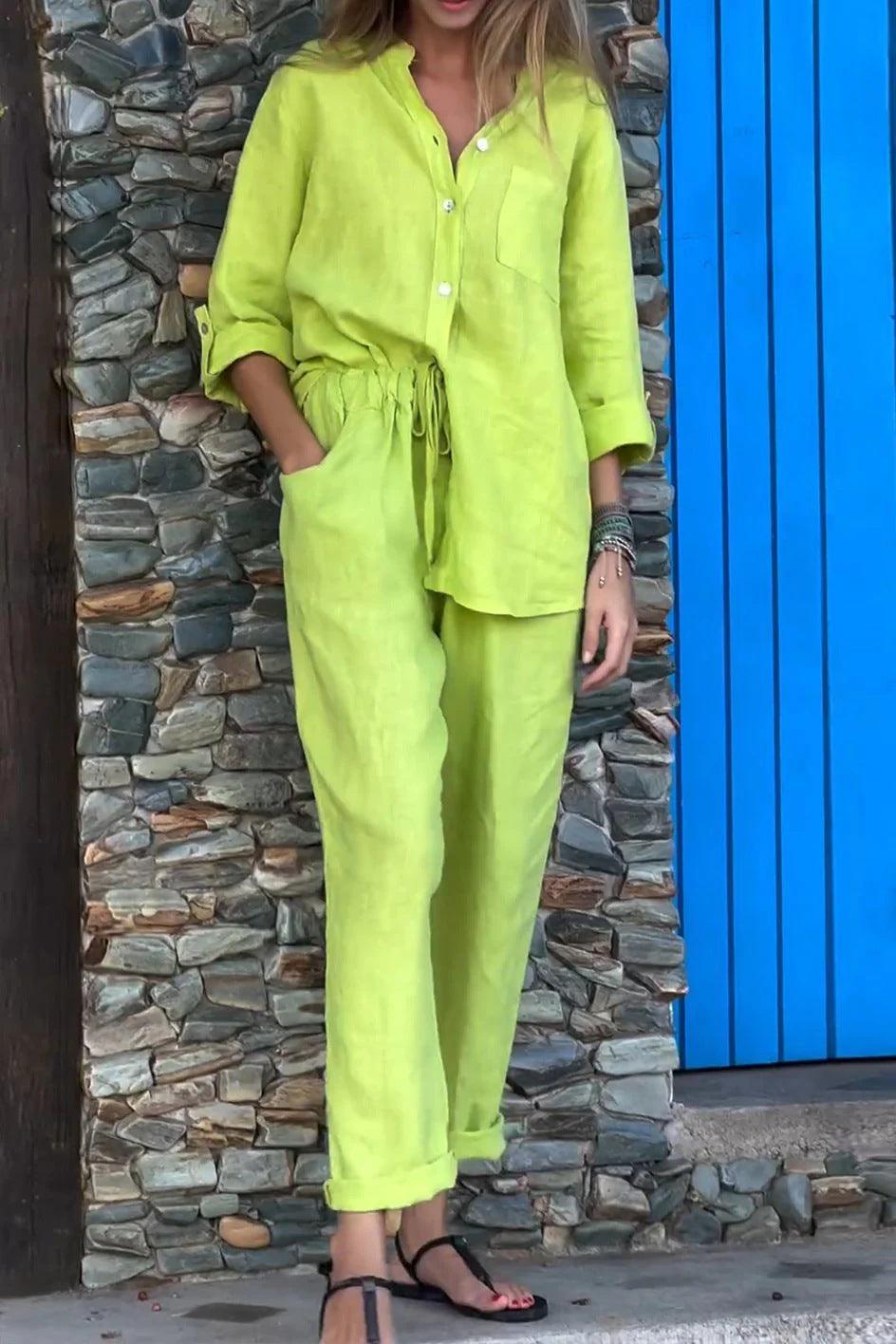Unisex beige cotton linen two-piece set V-neck shirt and pants breathable casual summer outfit