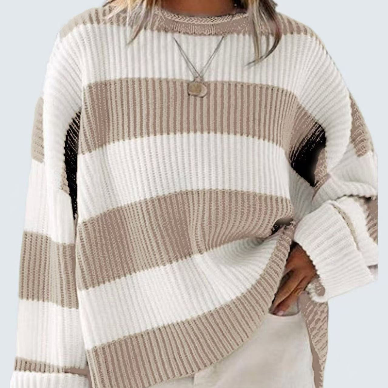 Women's casual striped knit sweater with spandex blend for flexible comfortable everyday fit