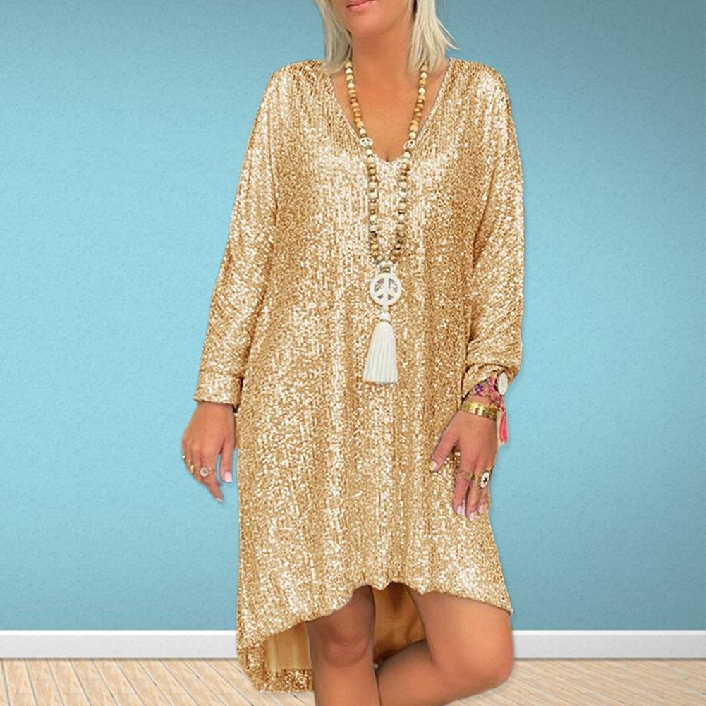Women's loose sequined sweater dress V-neck casual chic sparkle embellishment versatile style