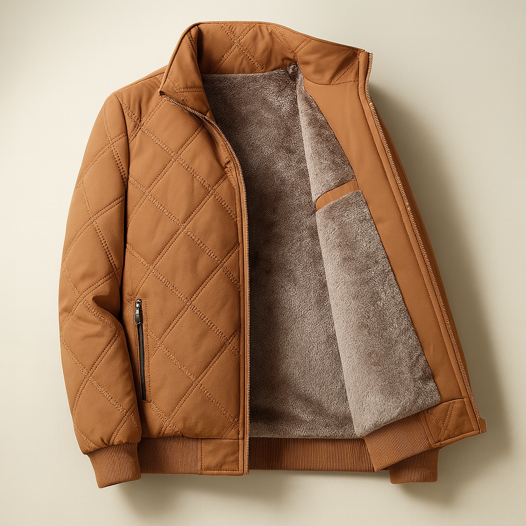 Men's quilted fleece jacket stand-up collar full-zip regular fit ribbed cuffs cozy style