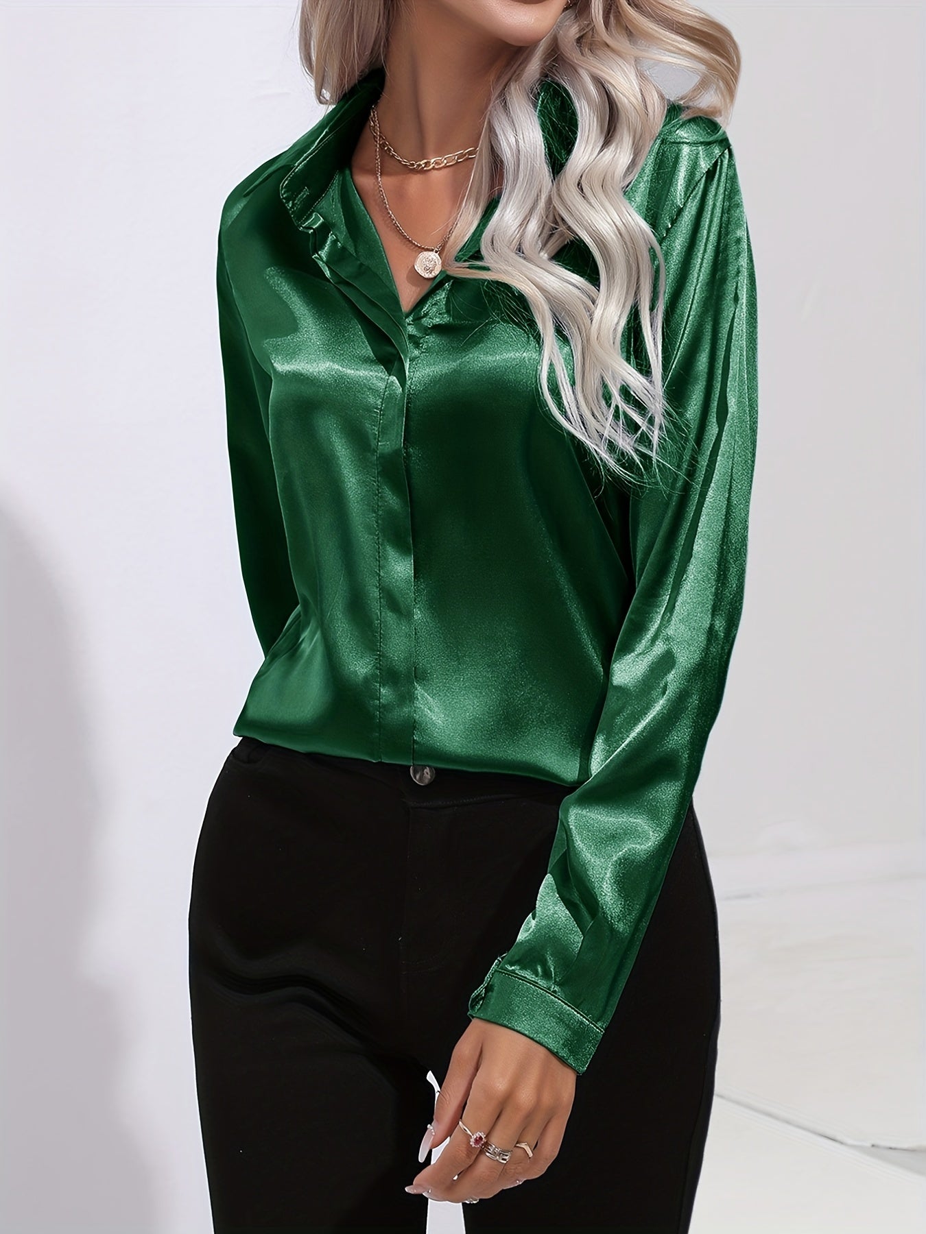 Women's satin button-down long sleeve blouse elegant office top with sleek polished finish