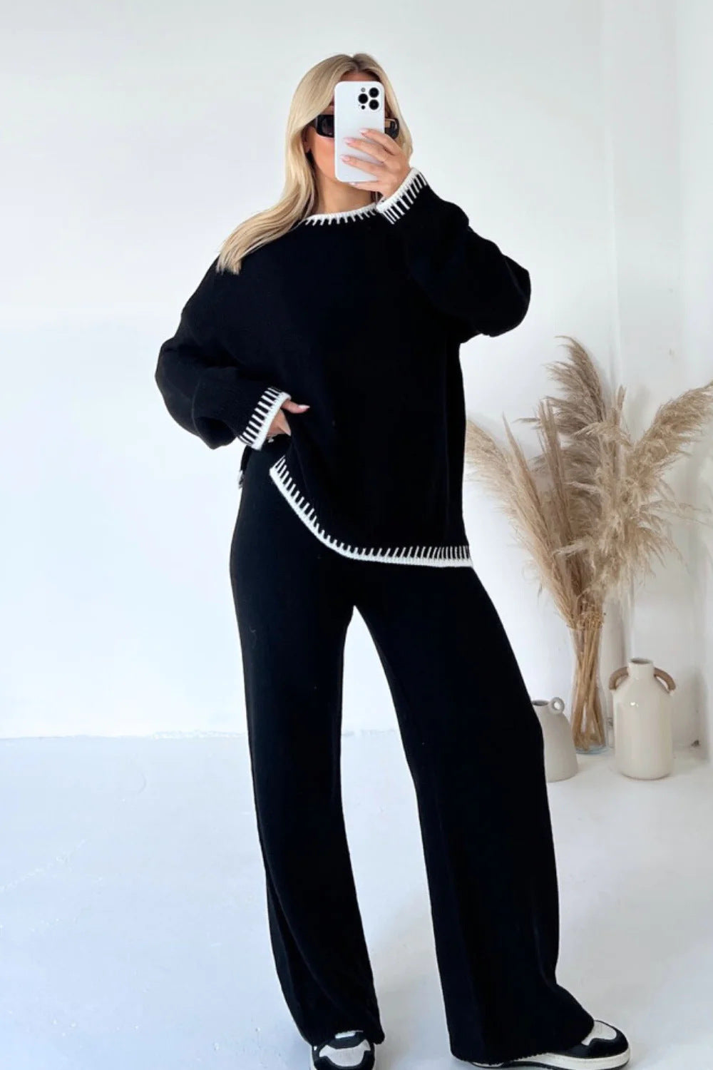 Women's knit two-piece set cozy lounge sweater and pants coordinated loose fit casual style