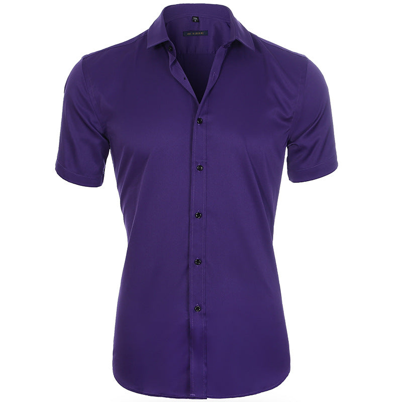Men's light blue wrinkle-resistant short sleeve shirt with breathable stretch fabric for all-day comfort