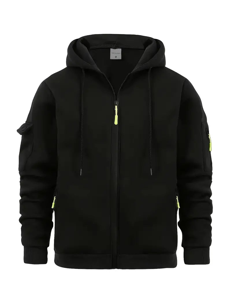 Men's zip-up hoodie with multi-pocket design, casual slim fit, full-length zipper outerwear