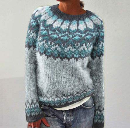 Women's loose fit wool blend knit sweater ethnic pattern multicolor warm soft winter pullover