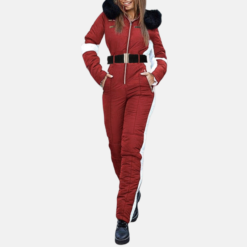 Women's belted one-piece ski suit with plush hood, sleek winter silhouette for slopes and cold adventures