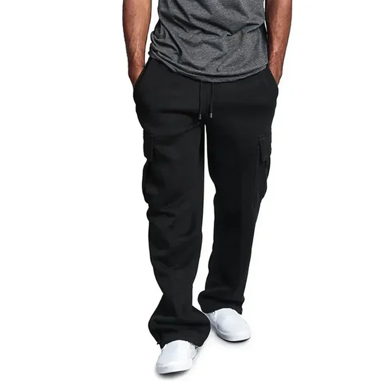 Men's grey fleece cargo sweatpants relaxed fit with adjustable drawstring waist and multi-pockets