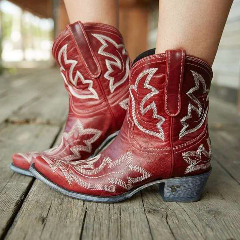 Women's vintage western ankle boots in tan with floral embroidery, block heel, and studded buckle details